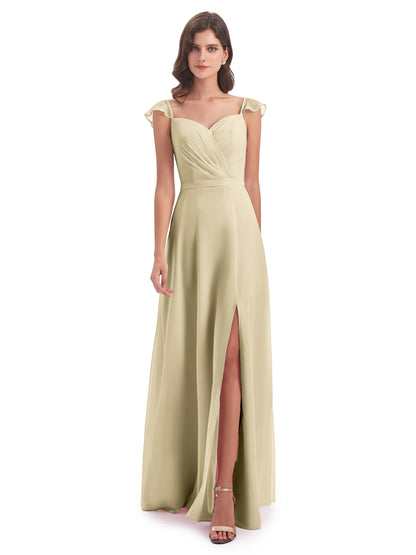Mylah Sheath Cap Sleeves Split Chiffon Long Bridesmaid Dresses