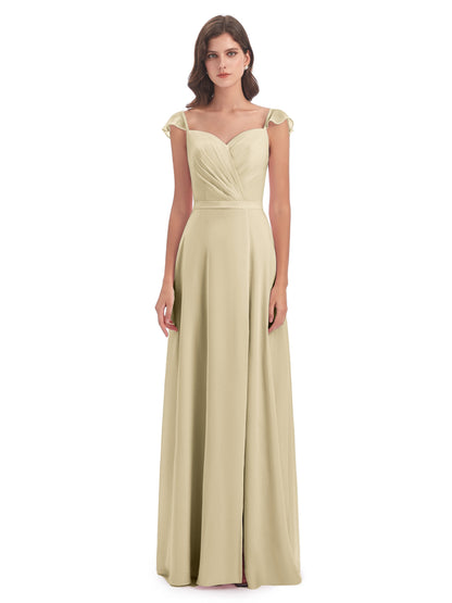 Mylah Sheath Cap Sleeves Split Chiffon Long Bridesmaid Dresses