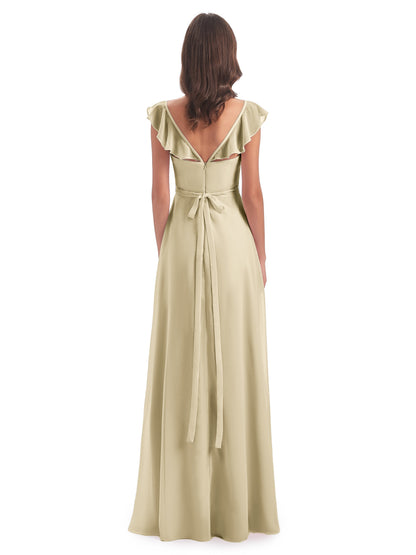 Mylah Sheath Cap Sleeves Split Chiffon Long Bridesmaid Dresses