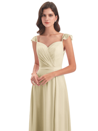 Mylah Sheath Cap Sleeves Split Chiffon Long Bridesmaid Dresses
