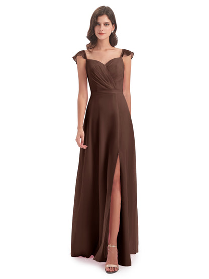 Mylah Sheath Cap Sleeves Split Chiffon Long Bridesmaid Dresses