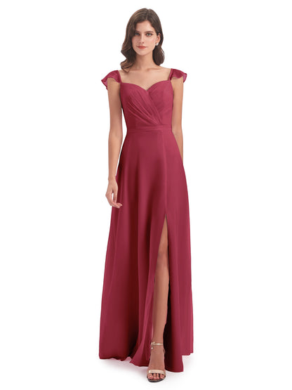 Mylah Sheath Cap Sleeves Split Chiffon Long Bridesmaid Dresses