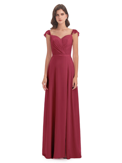 Mylah Sheath Cap Sleeves Split Chiffon Long Bridesmaid Dresses