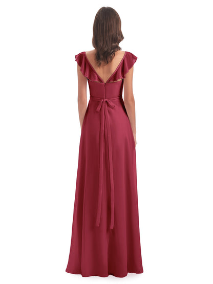 Mylah Sheath Cap Sleeves Split Chiffon Long Bridesmaid Dresses