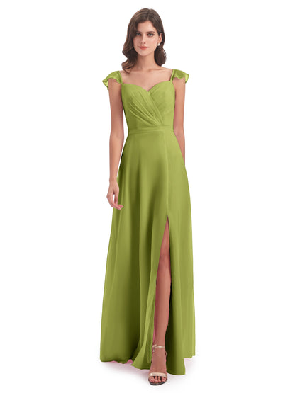 Mylah Sheath Cap Sleeves Split Chiffon Long Bridesmaid Dresses