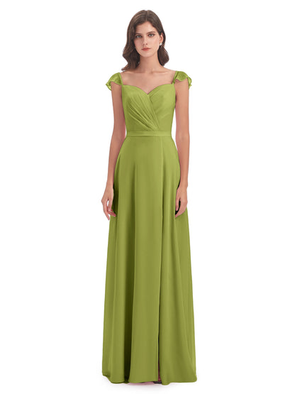 Mylah Sheath Cap Sleeves Split Chiffon Long Bridesmaid Dresses