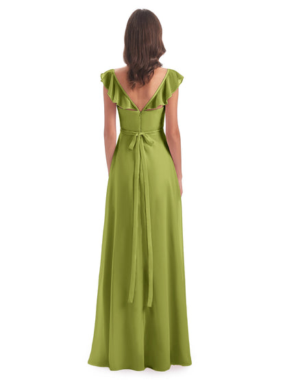 Mylah Sheath Cap Sleeves Split Chiffon Long Bridesmaid Dresses