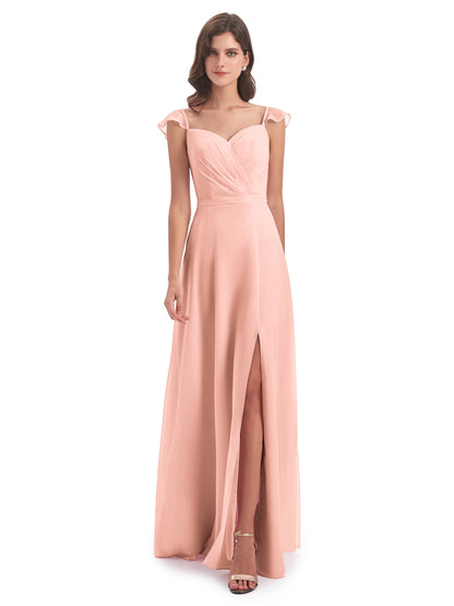 Mylah Sheath Cap Sleeves Split Chiffon Long Bridesmaid Dresses