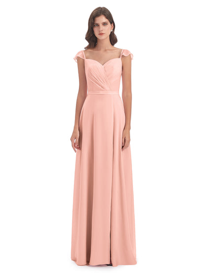 Mylah Sheath Cap Sleeves Split Chiffon Long Bridesmaid Dresses