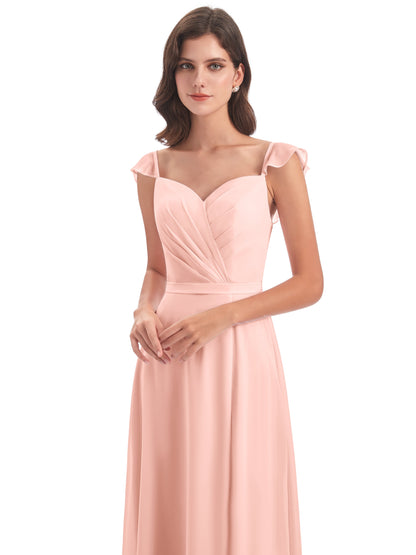 Mylah Sheath Cap Sleeves Split Chiffon Long Bridesmaid Dresses