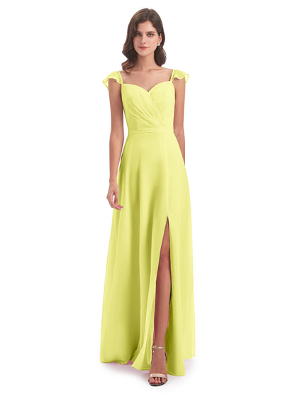Mylah Sheath Cap Sleeves Split Chiffon Long Bridesmaid Dresses