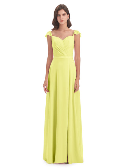 Mylah Sheath Cap Sleeves Split Chiffon Long Bridesmaid Dresses