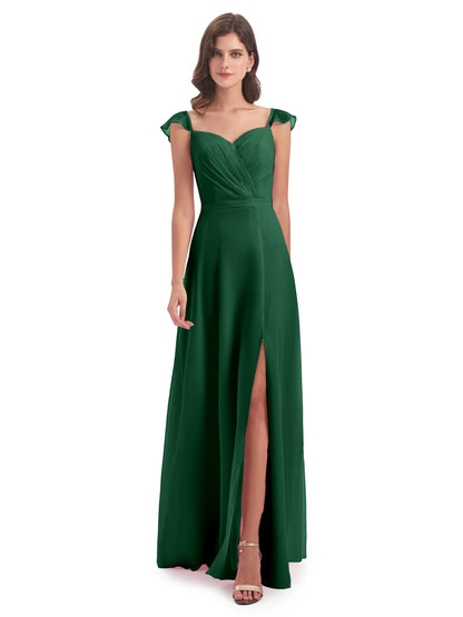 Mylah Sheath Cap Sleeves Split Chiffon Long Bridesmaid Dresses