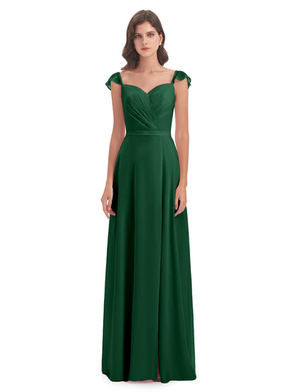 Mylah Sheath Cap Sleeves Split Chiffon Long Bridesmaid Dresses