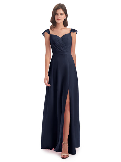 Mylah Sheath Cap Sleeves Split Chiffon Long Bridesmaid Dresses