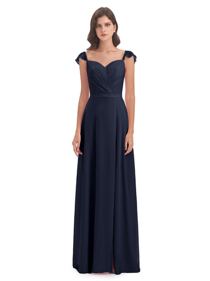 Mylah Sheath Cap Sleeves Split Chiffon Long Bridesmaid Dresses