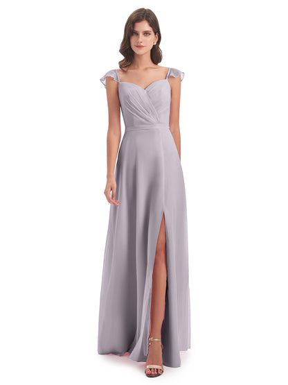 Mylah Sheath Cap Sleeves Split Chiffon Long Bridesmaid Dresses