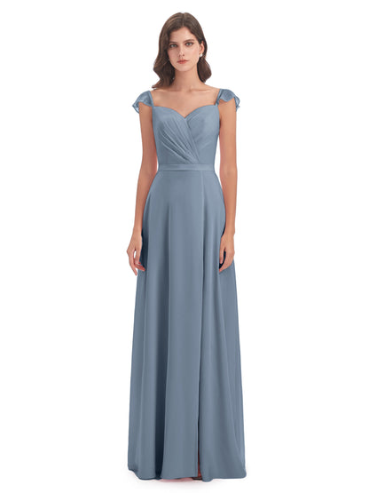 Mylah Sheath Cap Sleeves Split Chiffon Long Bridesmaid Dresses