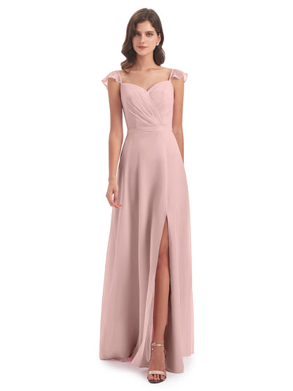 Mylah Sheath Cap Sleeves Split Chiffon Long Bridesmaid Dresses