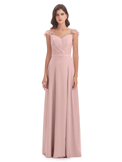 Mylah Sheath Cap Sleeves Split Chiffon Long Bridesmaid Dresses
