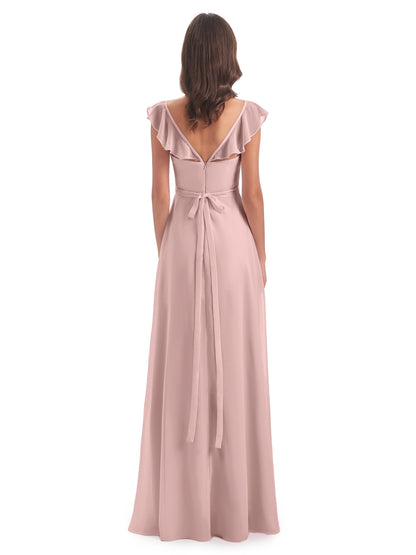 Mylah Sheath Cap Sleeves Split Chiffon Long Bridesmaid Dresses
