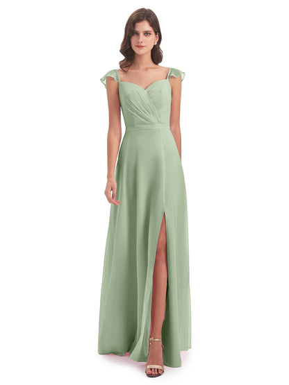 Mylah Sheath Cap Sleeves Split Chiffon Long Bridesmaid Dresses