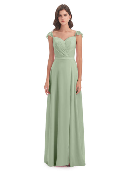 Mylah Sheath Cap Sleeves Split Chiffon Long Bridesmaid Dresses