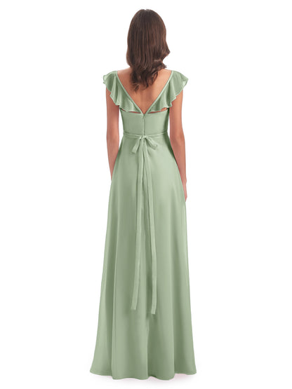 Mylah Sheath Cap Sleeves Split Chiffon Long Bridesmaid Dresses