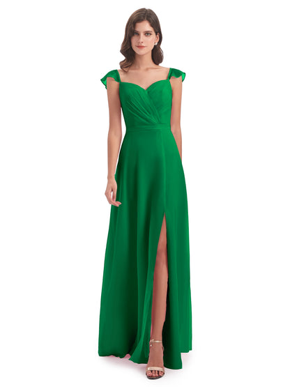 Mylah Sheath Cap Sleeves Split Chiffon Long Bridesmaid Dresses