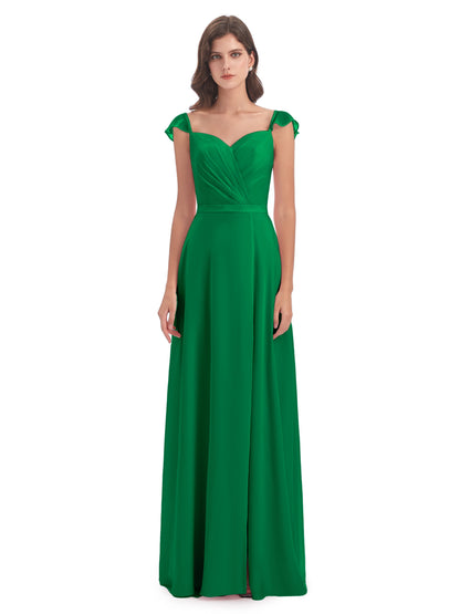 Mylah Sheath Cap Sleeves Split Chiffon Long Bridesmaid Dresses