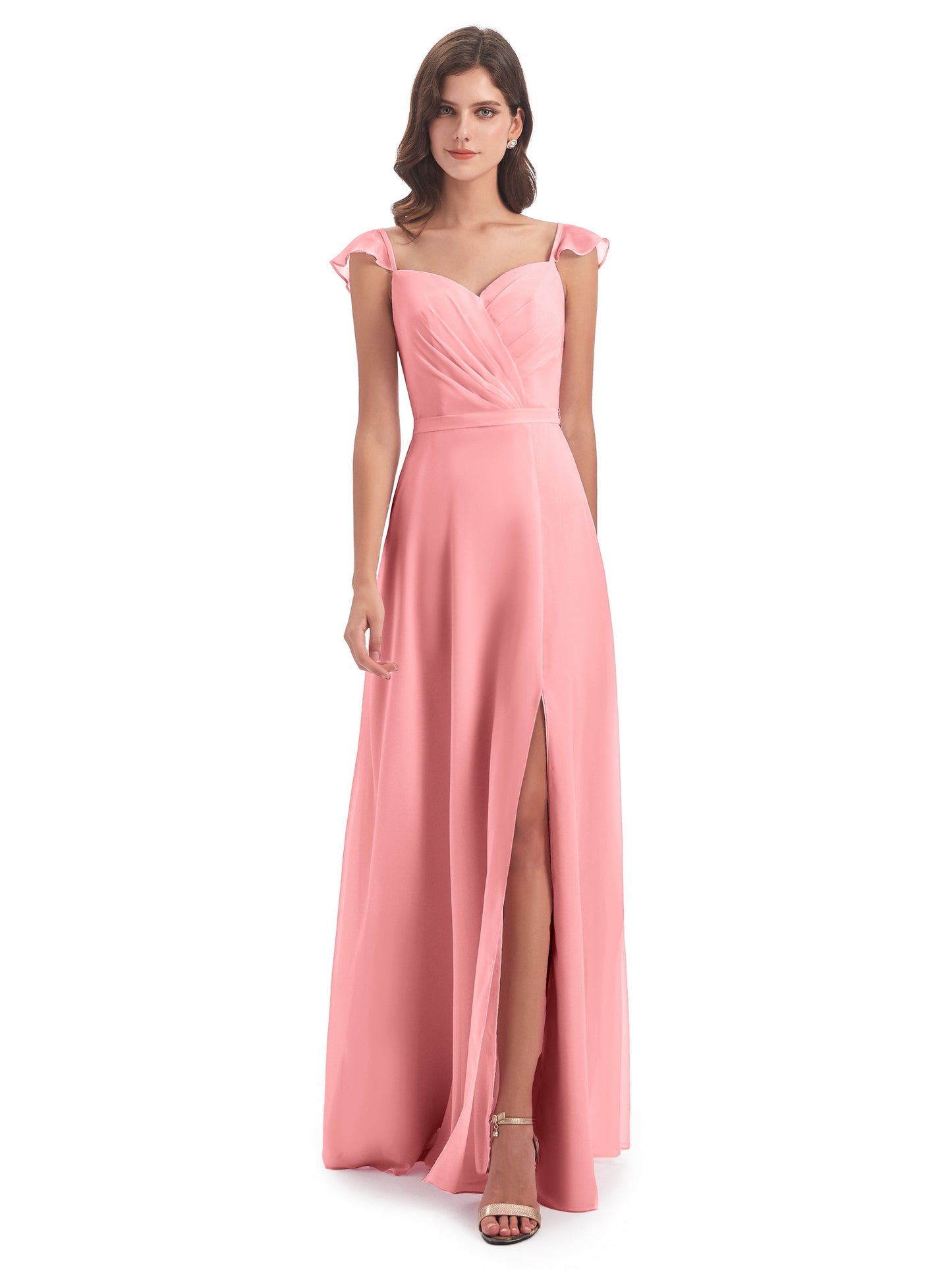 Mylah Sheath Cap Sleeves Split Chiffon Long Bridesmaid Dresses