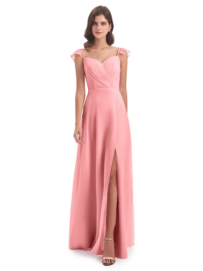 Mylah Sheath Cap Sleeves Split Chiffon Long Bridesmaid Dresses