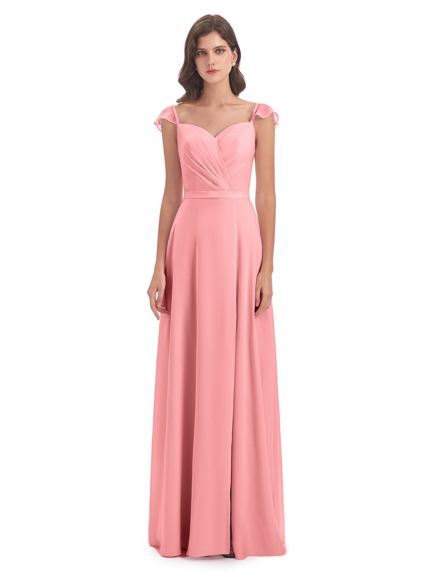 Mylah Sheath Cap Sleeves Split Chiffon Long Bridesmaid Dresses