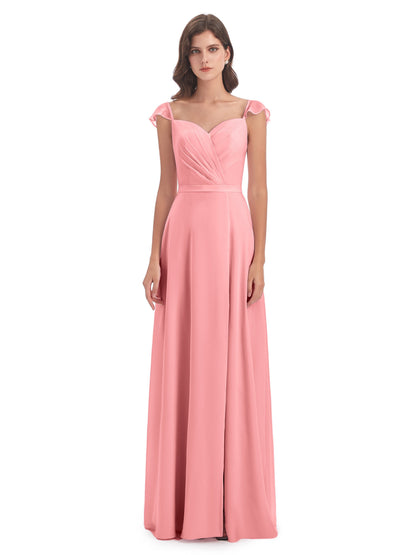 Mylah Sheath Cap Sleeves Split Chiffon Long Bridesmaid Dresses