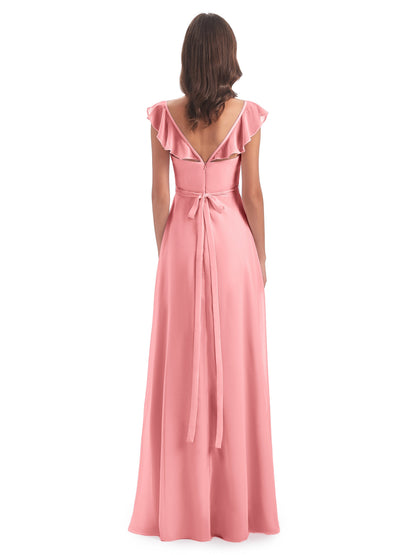 Mylah Sheath Cap Sleeves Split Chiffon Long Bridesmaid Dresses