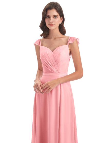 Mylah Sheath Cap Sleeves Split Chiffon Long Bridesmaid Dresses