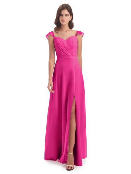Mylah Sheath Cap Sleeves Split Chiffon Long Bridesmaid Dresses