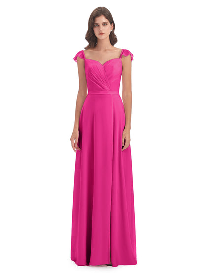 Mylah Sheath Cap Sleeves Split Chiffon Long Bridesmaid Dresses