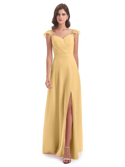 Mylah Sheath Cap Sleeves Split Chiffon Long Bridesmaid Dresses