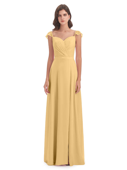 Mylah Sheath Cap Sleeves Split Chiffon Long Bridesmaid Dresses
