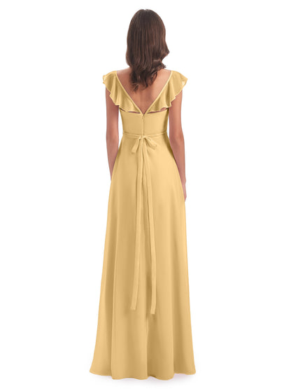 Mylah Sheath Cap Sleeves Split Chiffon Long Bridesmaid Dresses