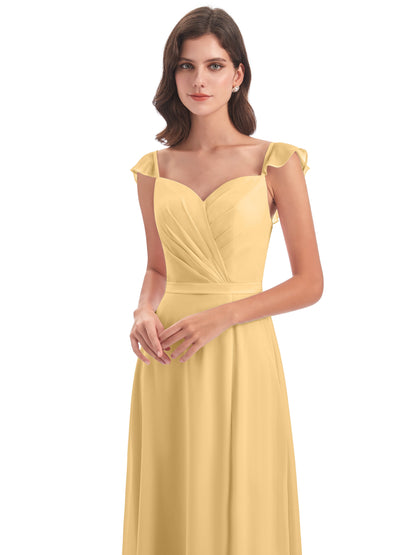 Mylah Sheath Cap Sleeves Split Chiffon Long Bridesmaid Dresses