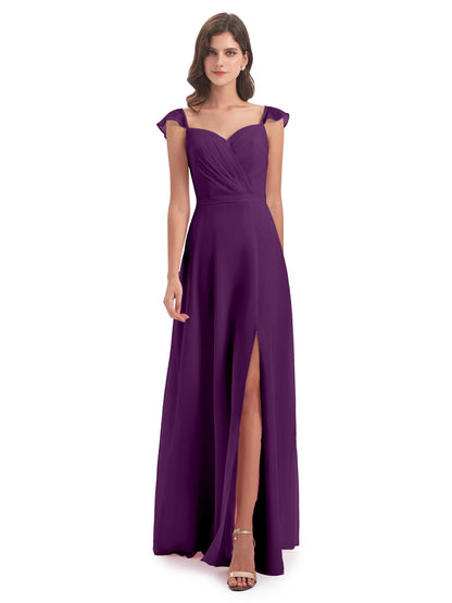 Mylah Sheath Cap Sleeves Split Chiffon Long Bridesmaid Dresses