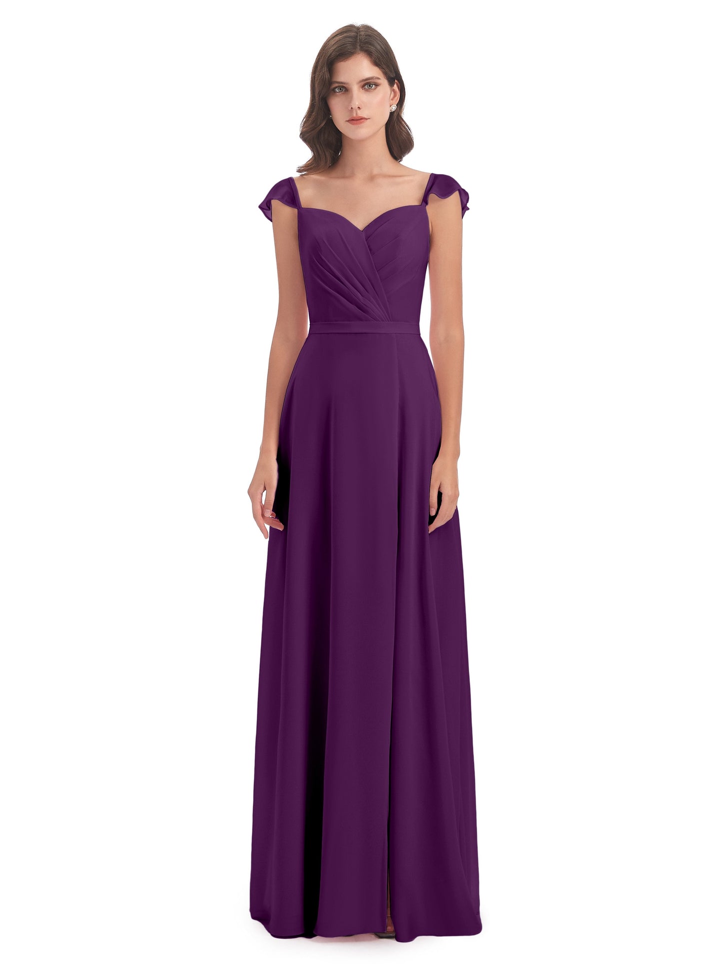 Mylah Sheath Cap Sleeves Split Chiffon Long Bridesmaid Dresses