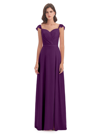 Mylah Sheath Cap Sleeves Split Chiffon Long Bridesmaid Dresses