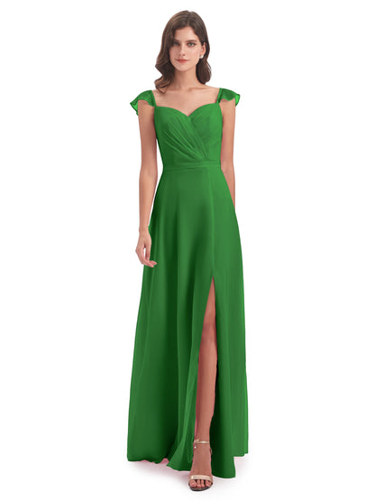 Mylah Sheath Cap Sleeves Split Chiffon Long Bridesmaid Dresses