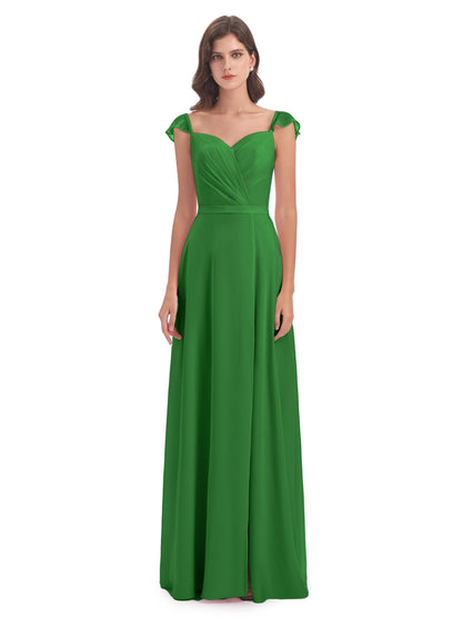 Mylah Sheath Cap Sleeves Split Chiffon Long Bridesmaid Dresses