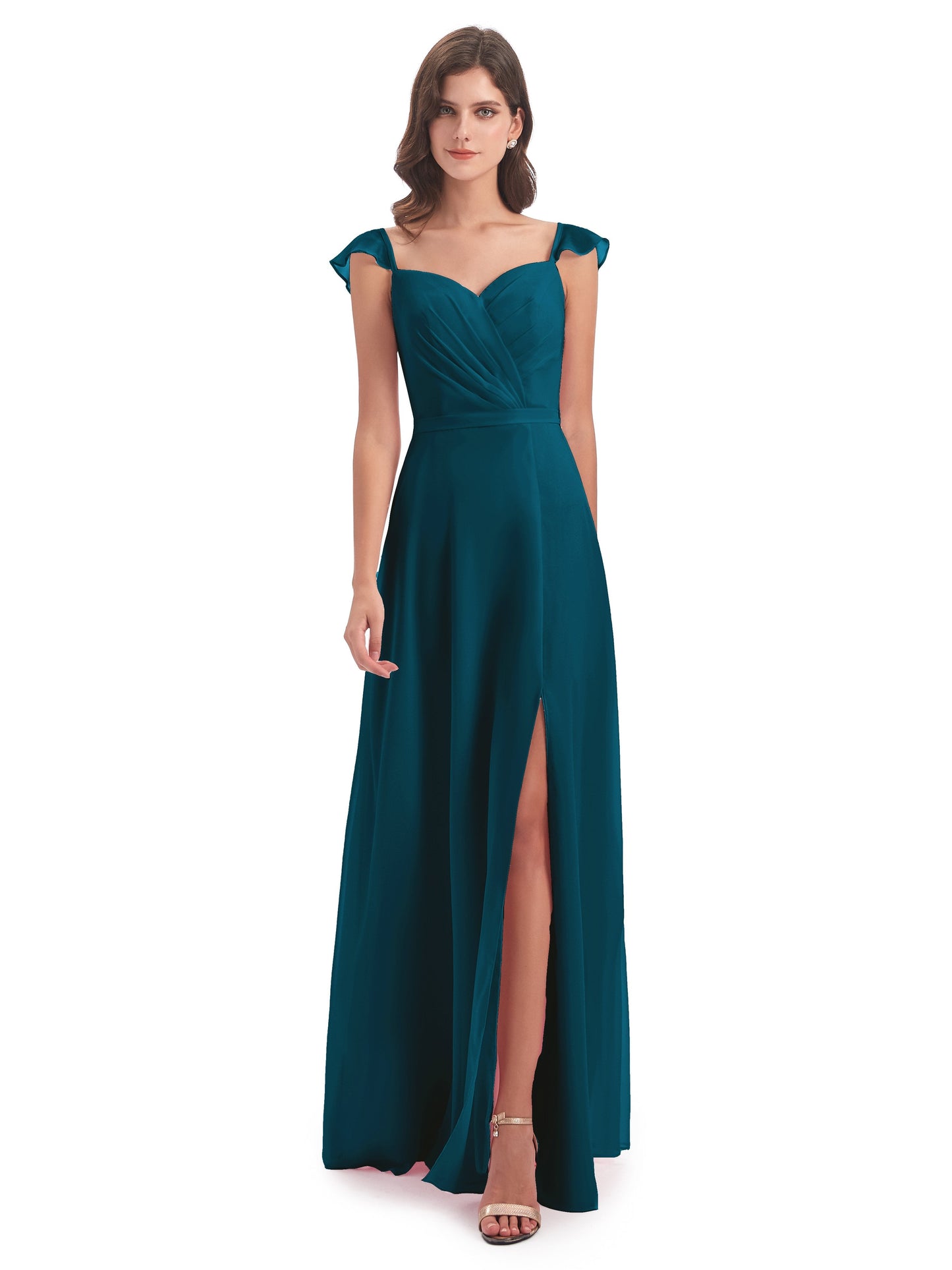 Mylah Sheath Cap Sleeves Split Chiffon Long Bridesmaid Dresses