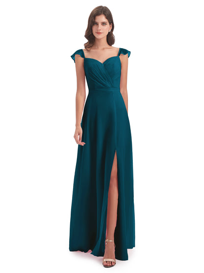 Mylah Sheath Cap Sleeves Split Chiffon Long Bridesmaid Dresses