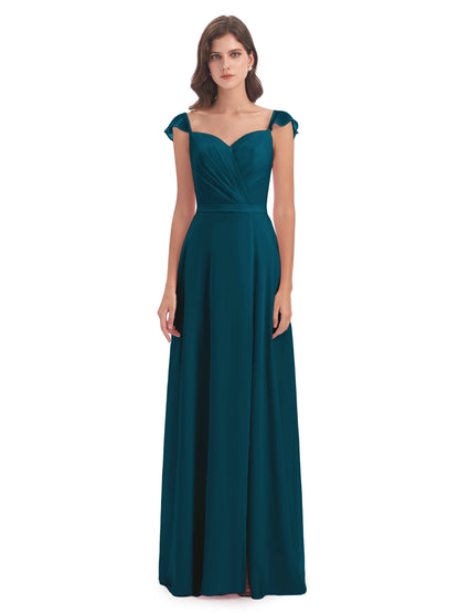 Mylah Sheath Cap Sleeves Split Chiffon Long Bridesmaid Dresses